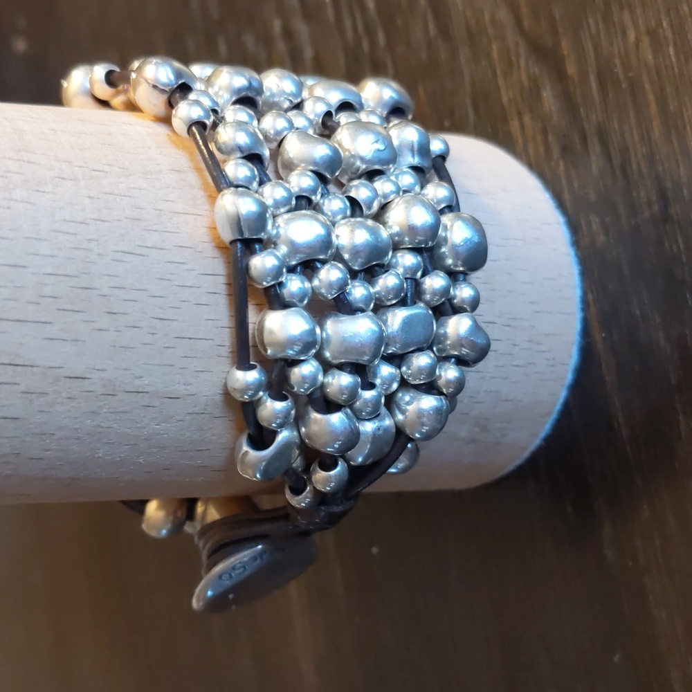 UNO. de 50 Silver Beaded & Brown Leather Bracelet - Picture 2 of 10